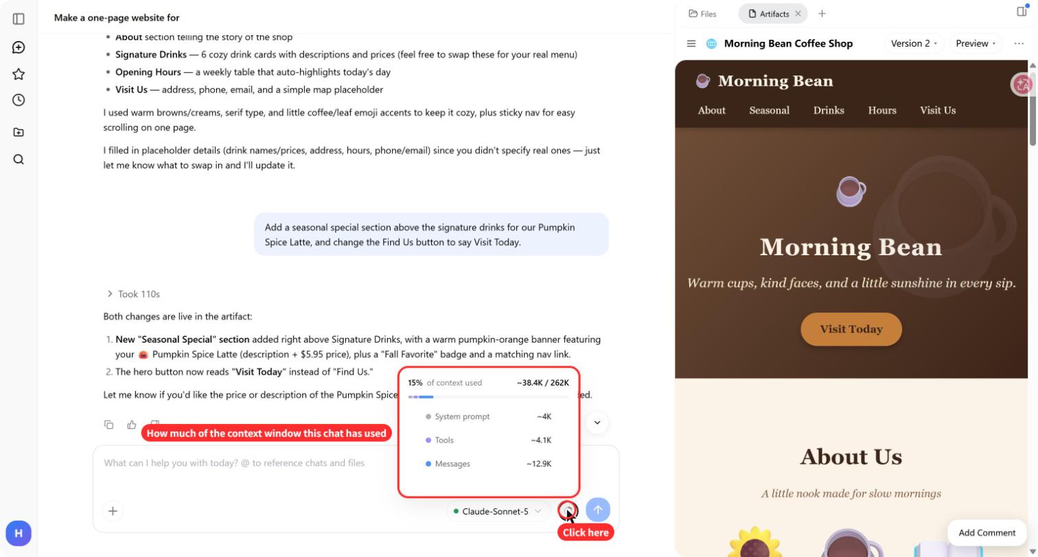 Orlino context indicator showing 15 percent used, about 38.4K of 262K tokens.
