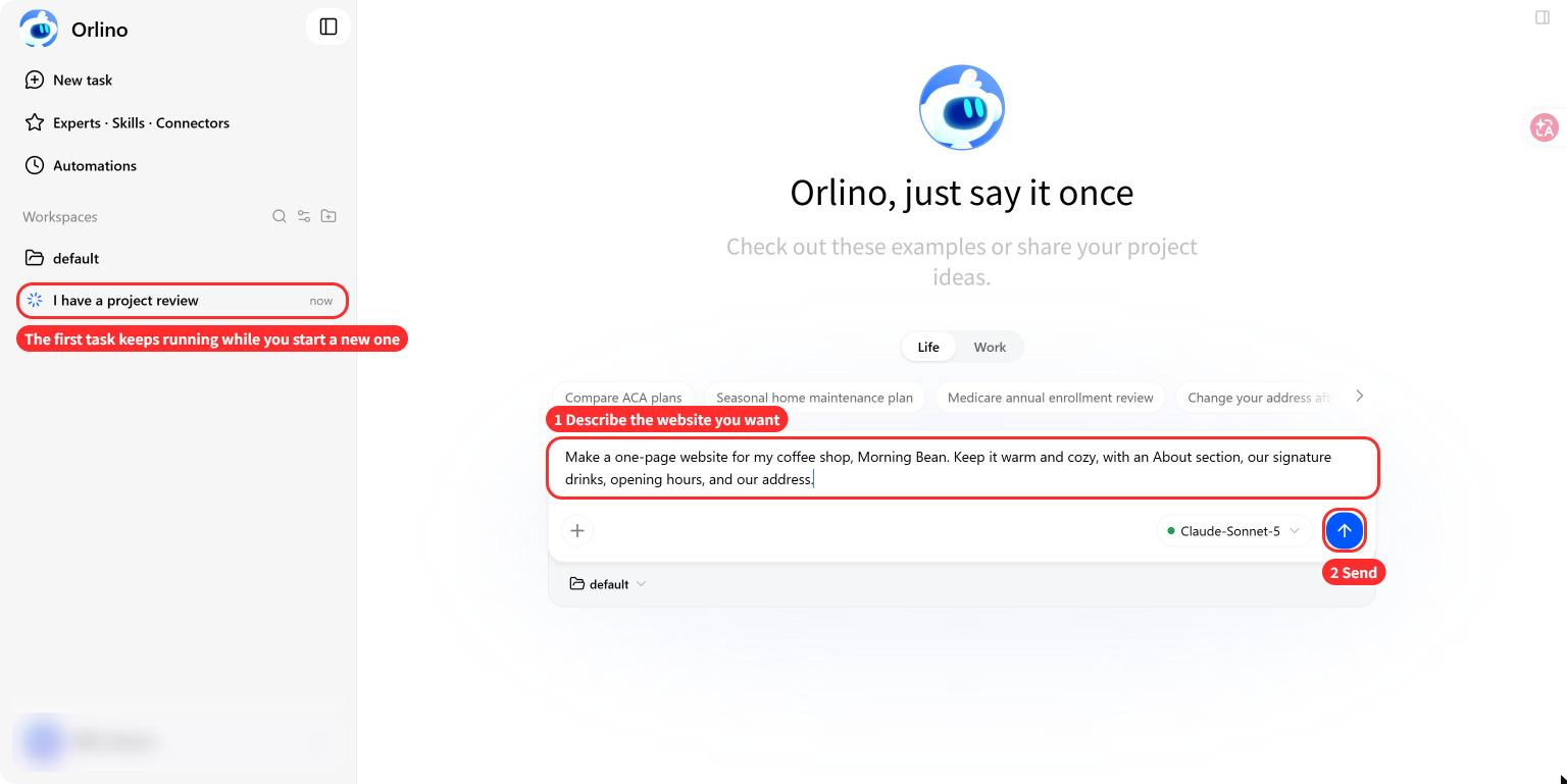 An Orlino website task open while another task runs in the sidebar.