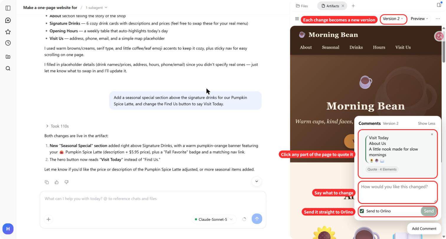 Add Comment in an Orlino website preview with selected page content.