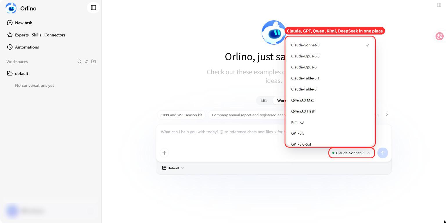 Orlino model selector with available model options.