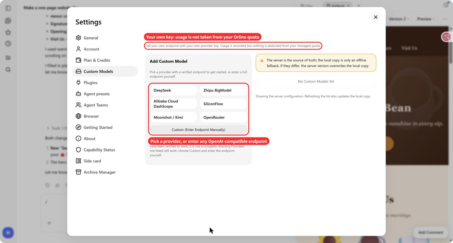 Orlino Custom Models settings for provider connections and personal API keys.
