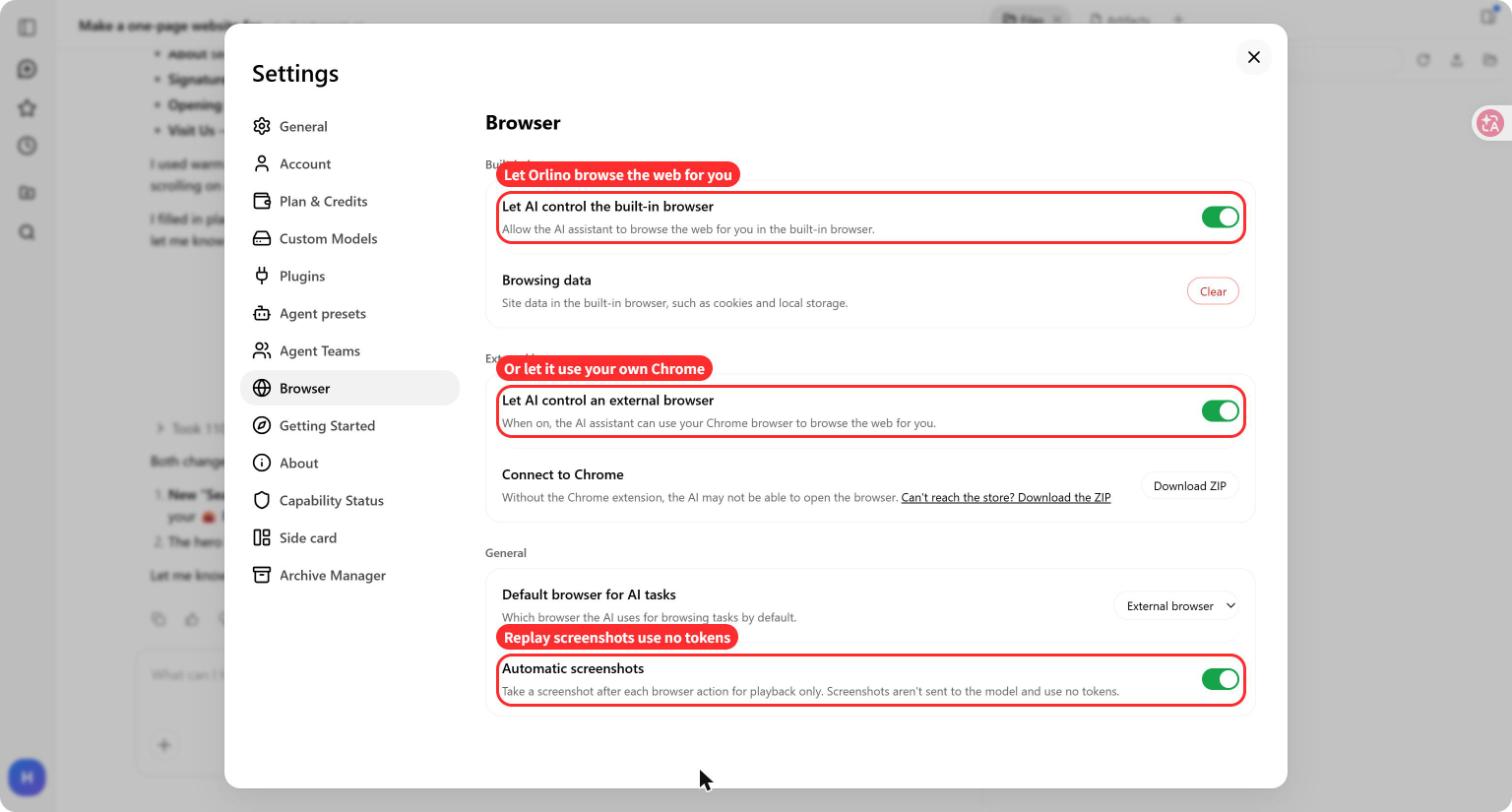 Orlino Browser settings for browser selection and automatic playback screenshots.